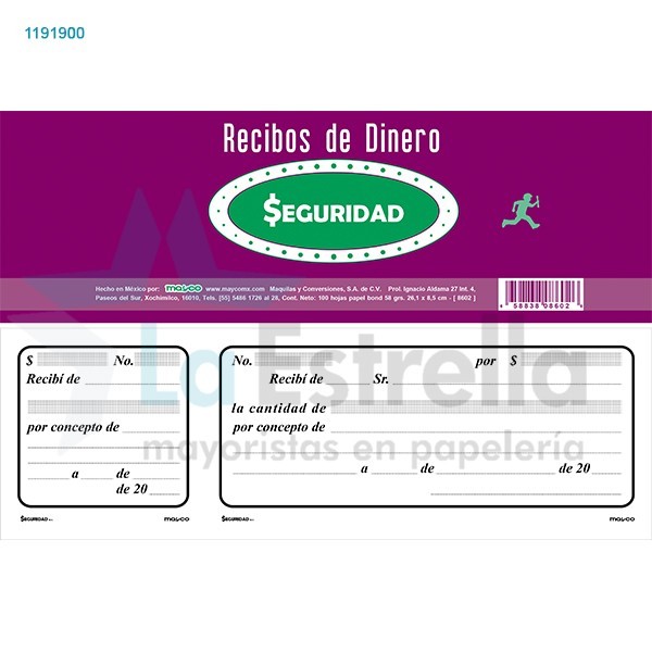 RECIBO DE DINERO 8602 SEGURIDAD CTALON 100H. C100